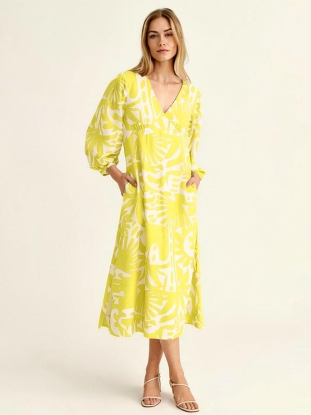 Cartolina Dover Linen V-Neck Midi Dress in Parrish Geo Print Banana Yellow M